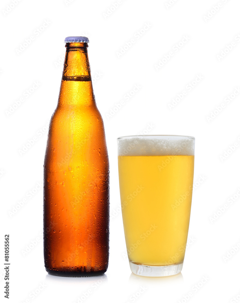 A bottle and glass of beer isolated on white