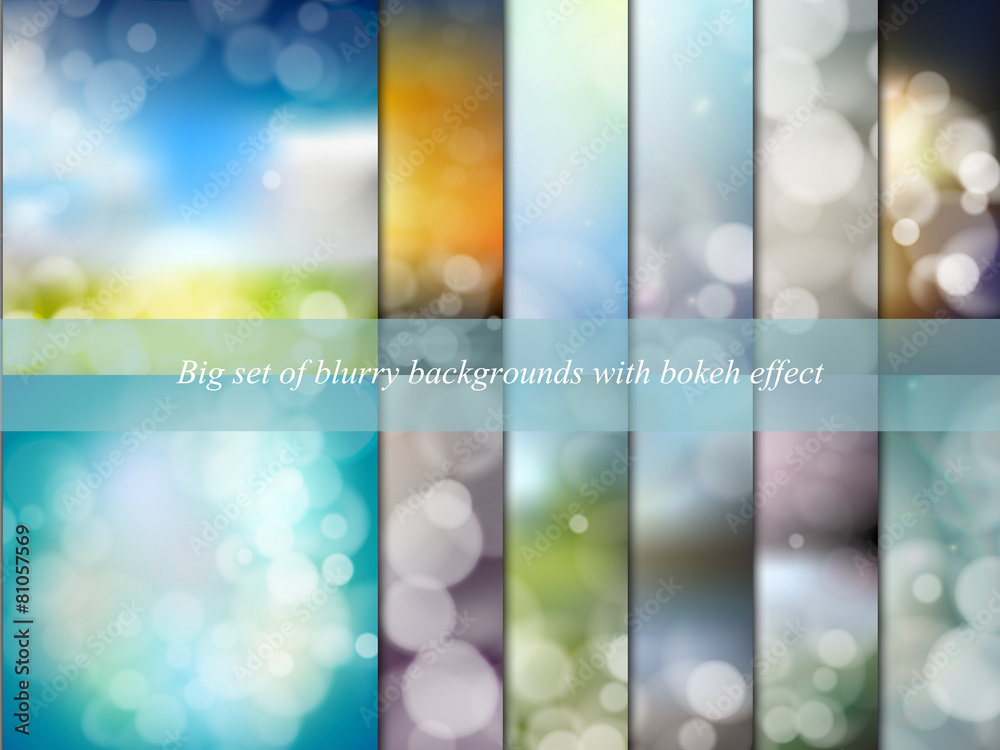 Big set of blurry backgrounds with bokeh effect. Abstract vector - obrazy, fototapety, plakaty 