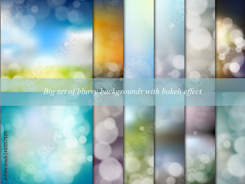 Big set of blurry backgrounds with bokeh effect. Abstract vector