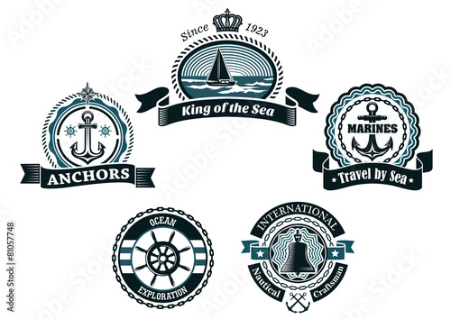 Heraldic blue nautical labels and badges
