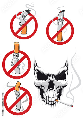 Cartooned smoking skull and no smoking signs