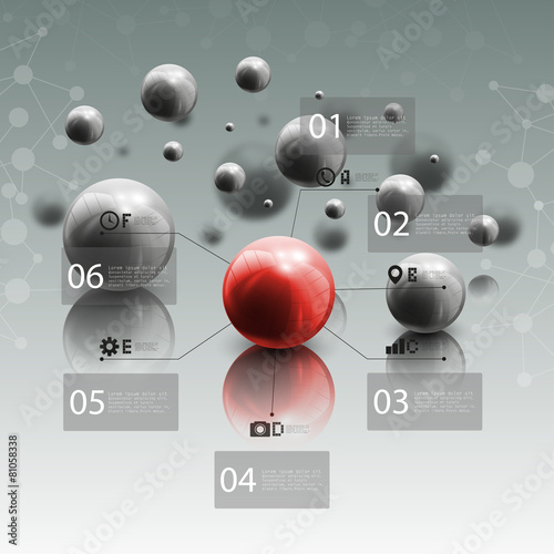 Spheres in motion on gray background. Red sphere with