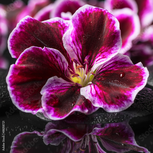 beautiful spa background of geranium flower, beads and black zen photo