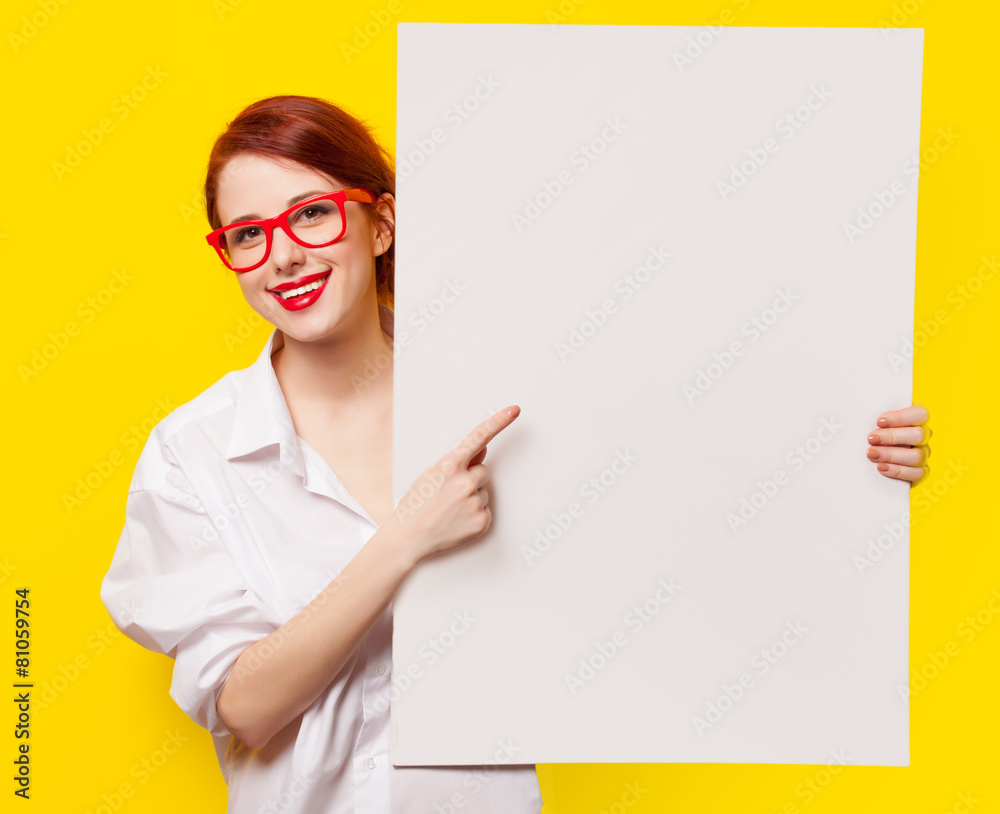 girl in shirt and glasses with white board girl in shirt and glasses with white board