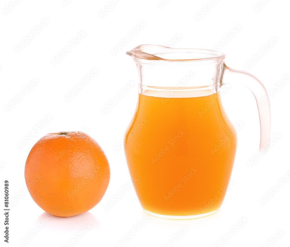 Orange juice in pitcher with orange. Isolated on white backgroun Orange juice in pitcher with orange. Isolated on white backgroun