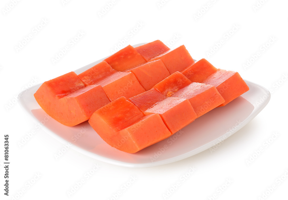 Sliced ripe papaya on white plate Sliced ripe papaya on white plate