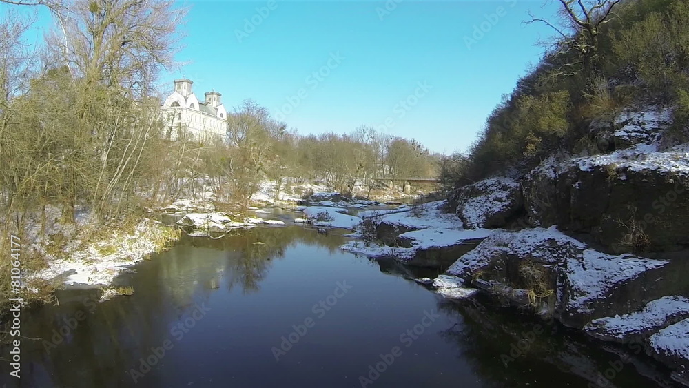 River and house in winter sunny day. Aerial River and house in winter sunny day. Aerial