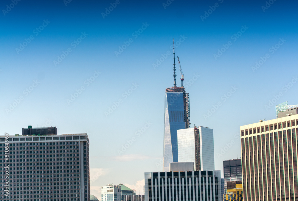 Street skyline of Lower Manhattan on a beautiful sunny day