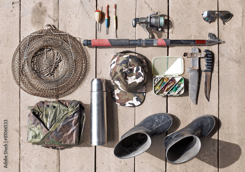 Overhead of essentials for fisherman. Fshing tackle and equipmen