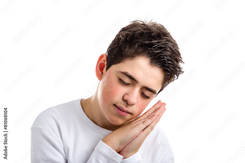 Sleeping gesture by Caucasian boy with acne-prone skin. Sleeping gesture by Caucasian boy with acne-prone skin.
