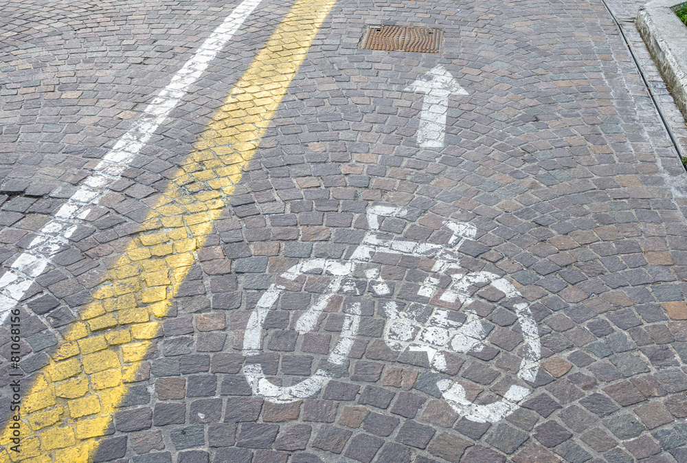 Cobbled Bicycle Lane with Signs Painted on it