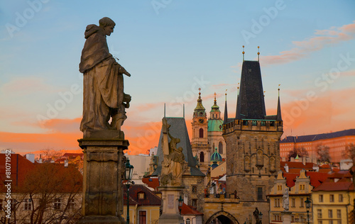 Dramatic sunrise view of the towers of Mala Strana from Charles