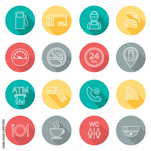 Line gas station icons. Flat design. Shadow. Vector