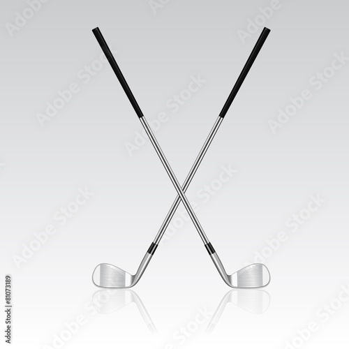 Two crossed golf clubs with reflection