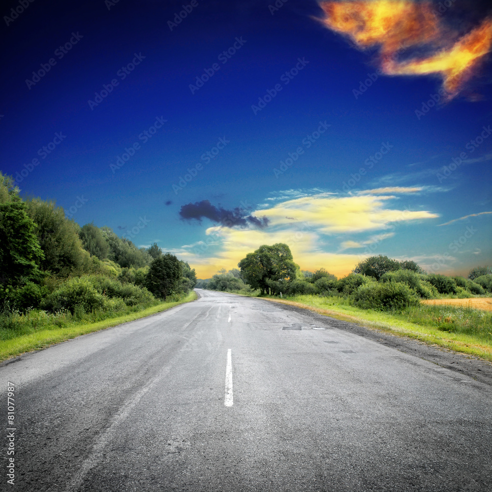 asphalt road near green fields