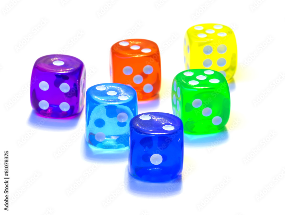 Six dices, number one, two, three, four, five, six Six dices, number one, two, three, four, five, six