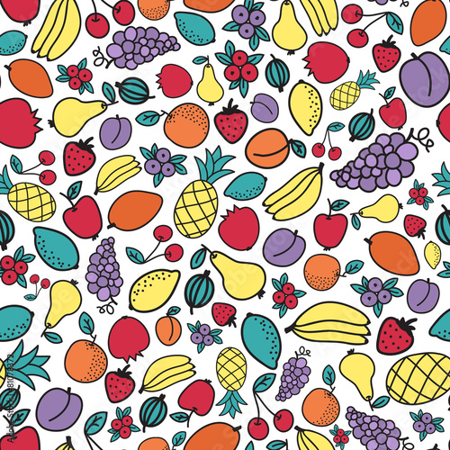 Fototapeta Naklejka Na Ścianę i Meble -  Seamless hand-drawn pattern with differnt fruits. Vector