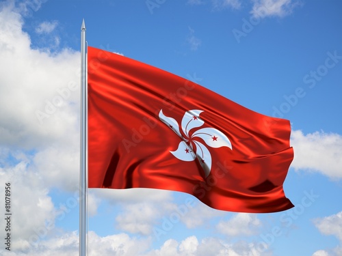 Hong Kong 3d flag floating in the wind in blue sky