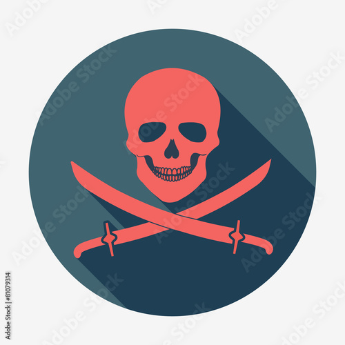 Pirate flag icon, jolly roger, skull and sabers. Flat design