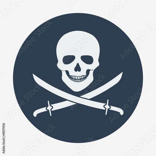 Pirate flag icon, jolly roger, skull and sabers. Flat design