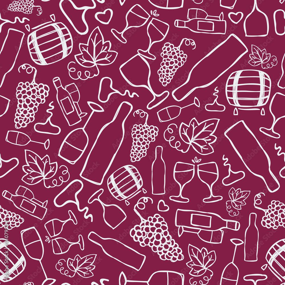 Hand-drawn seamless pattern. Vector illustration. Wine theme
