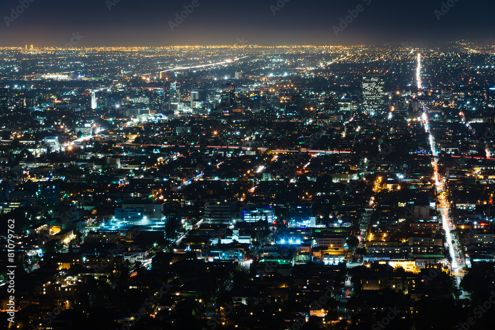View of Hollywood at night, from Griffith Observatory, in Griffi