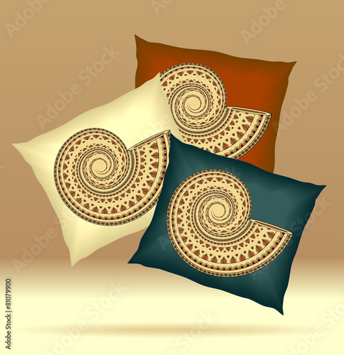 Set Pillows with ornament shell yellow brown dark blue  colors