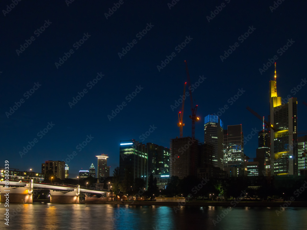 Scyscrapers at the river Main in Frankfurt, Germany, at night