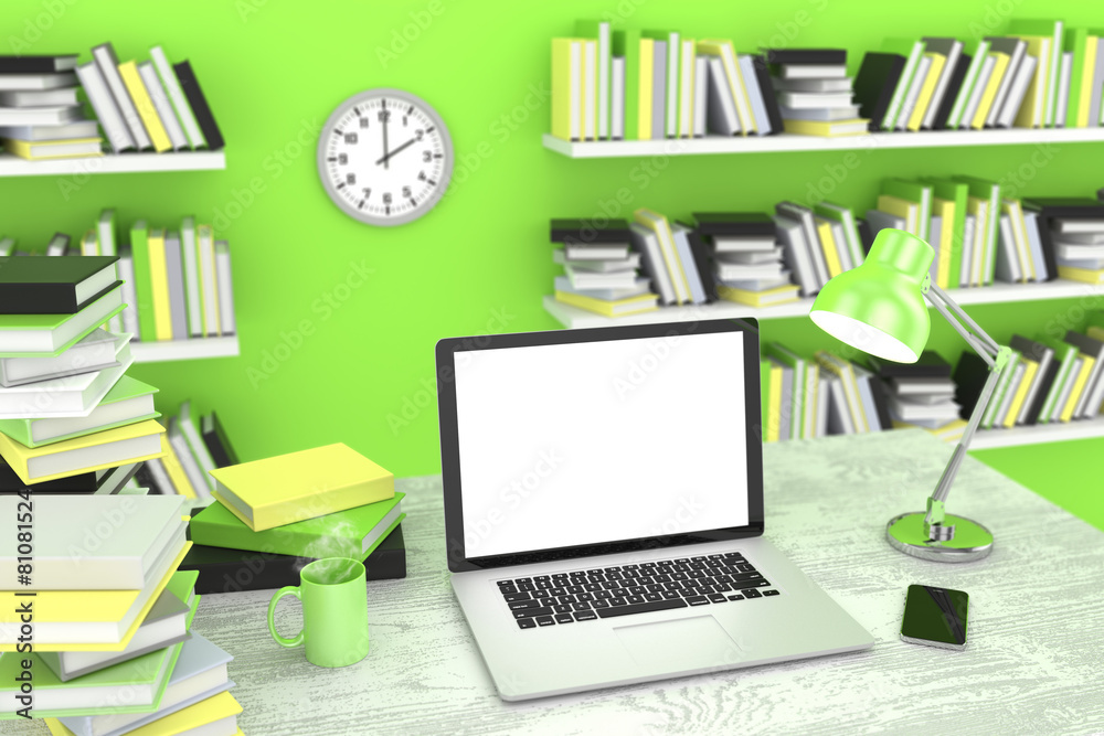 3D illustration laptop and books, Workspace 3D illustration laptop and books, Workspace