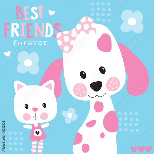 cute best friends cat and dog vector illustration