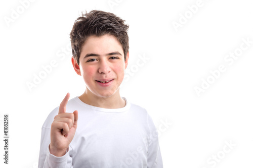 smooth-skinned Caucasian boy pointing up with right forefinger