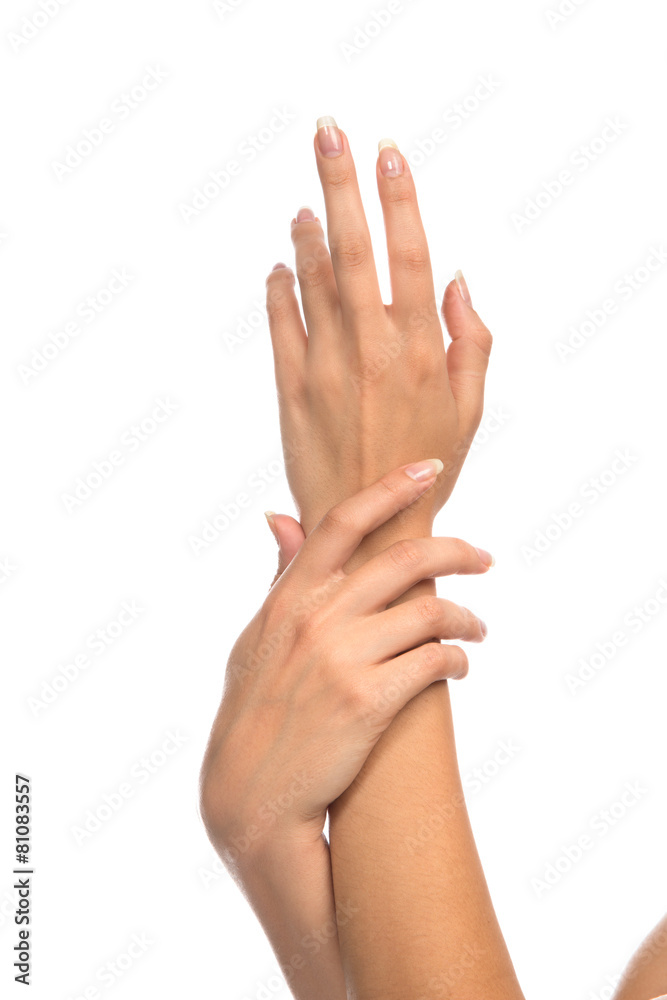 Beautiful woman hands with french manicure nails Beautiful woman hands with french manicure nails