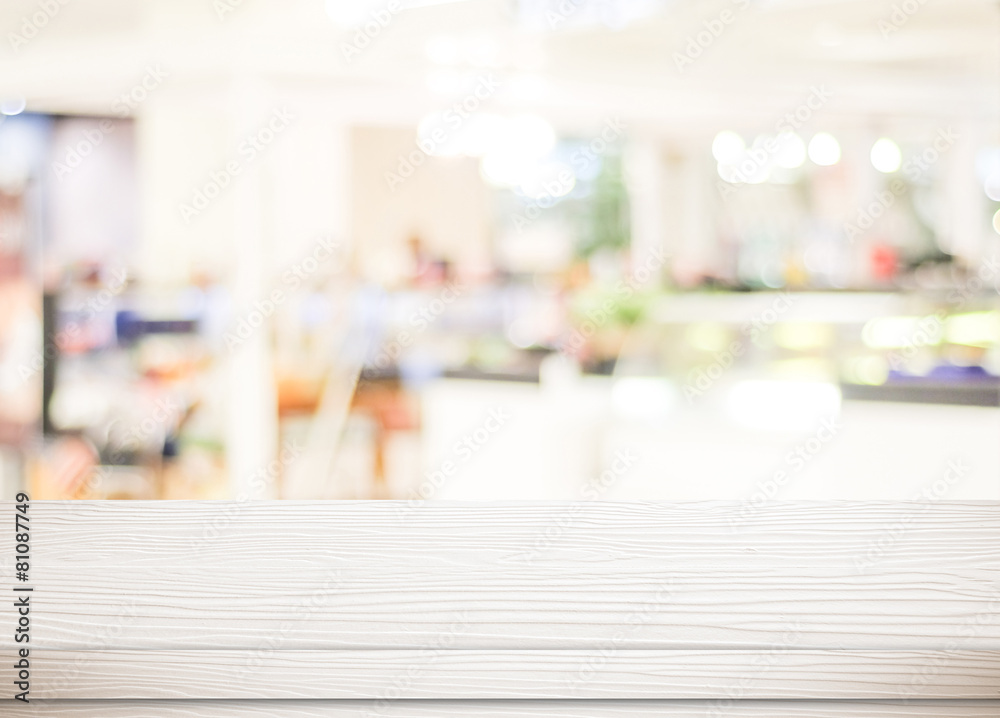 Empty white table and blurred store bokeh background Empty white table and blurred store bokeh background