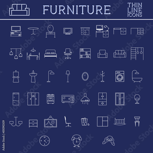 Set of furniture outline icons. Thin line design. Home elements