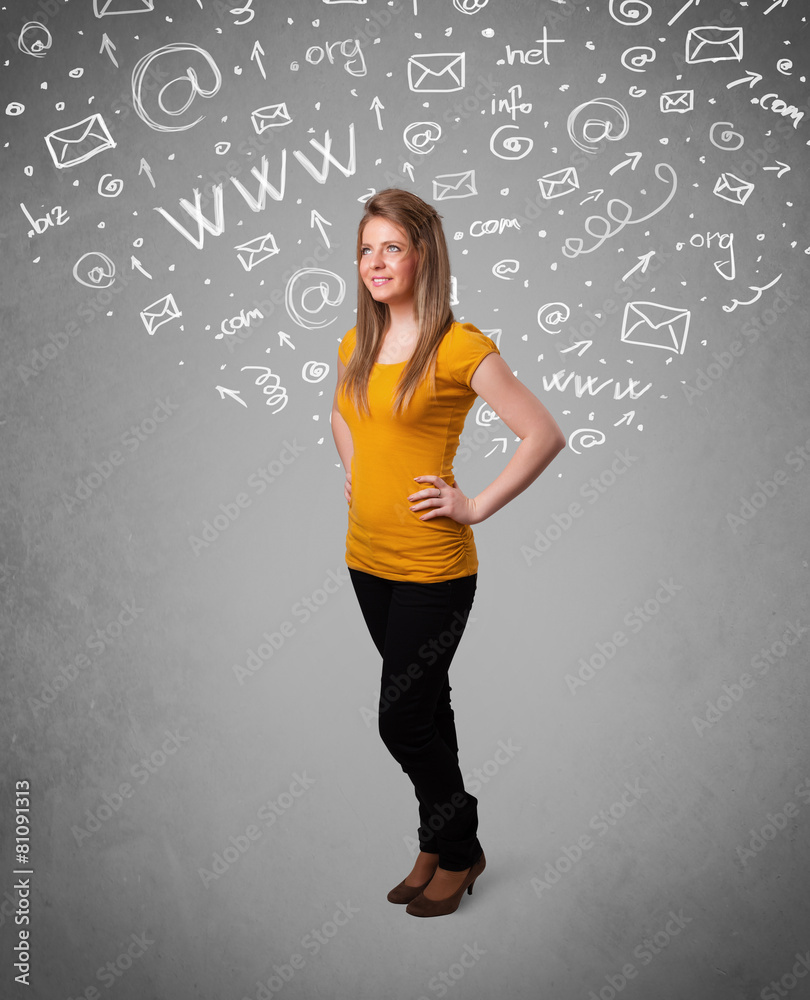 Pretty young girl with abstract white media icon doodles Pretty young girl with abstract white media icon doodles