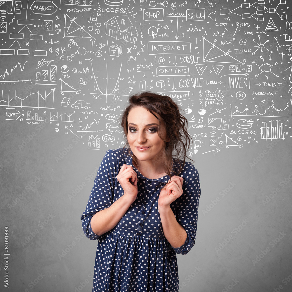 Young pretty lady with hand drawn calculations and icons Young pretty lady with hand drawn calculations and icons
