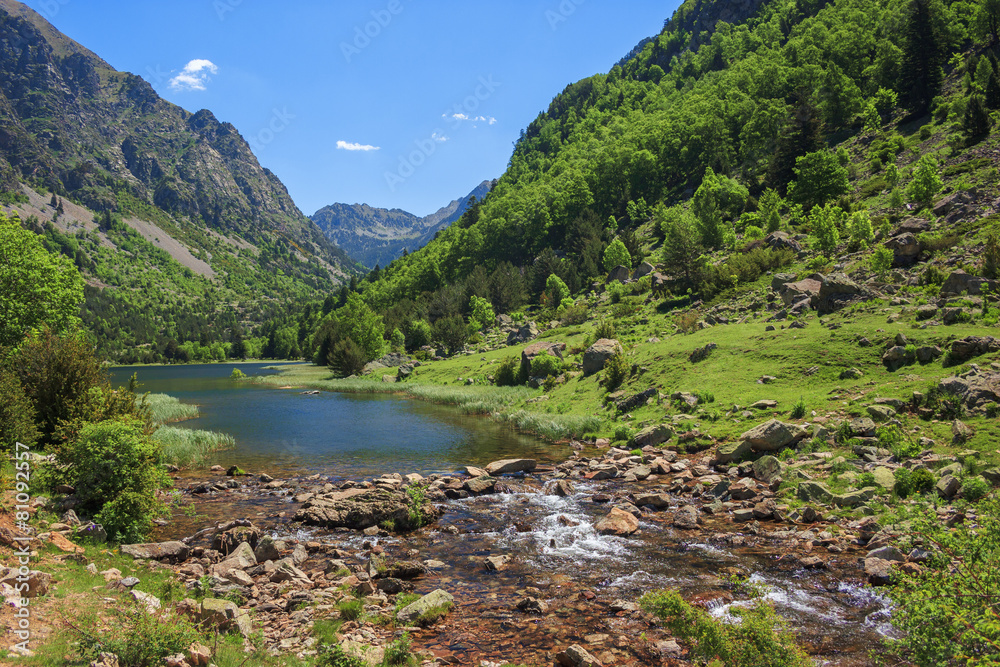 Fototapeta premium Panoramic view of lake Llebreta in national park Aiguestortes