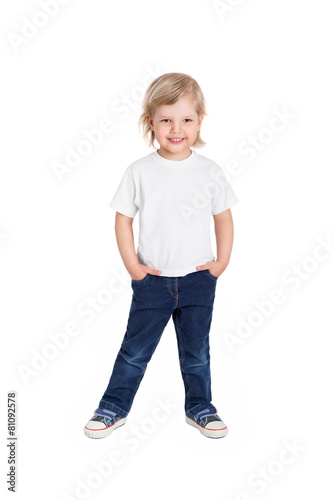 Smiling little girl in white t-shirt isolated on a white backgro