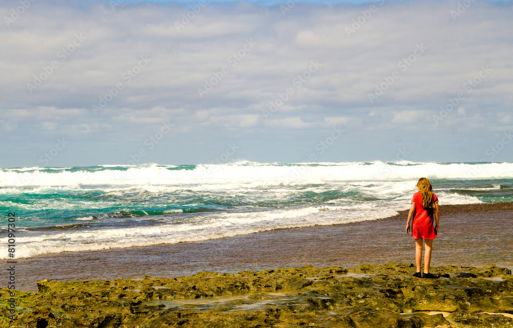 Red dress girl stood the beach