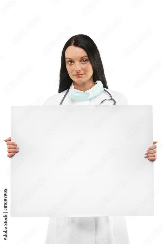 Female doctor holding an blank advertisement board Female doctor holding an blank advertisement board