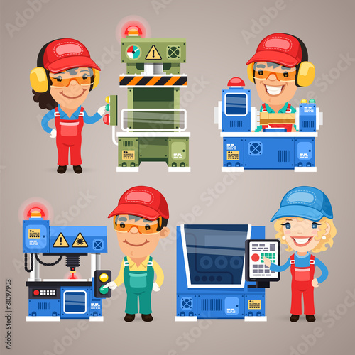 Set of Cartoon Workers Working on the Factory Machines