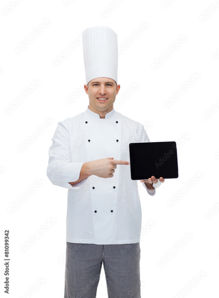 happy male chef cook showing with tablet pc happy male chef cook showing with tablet pc