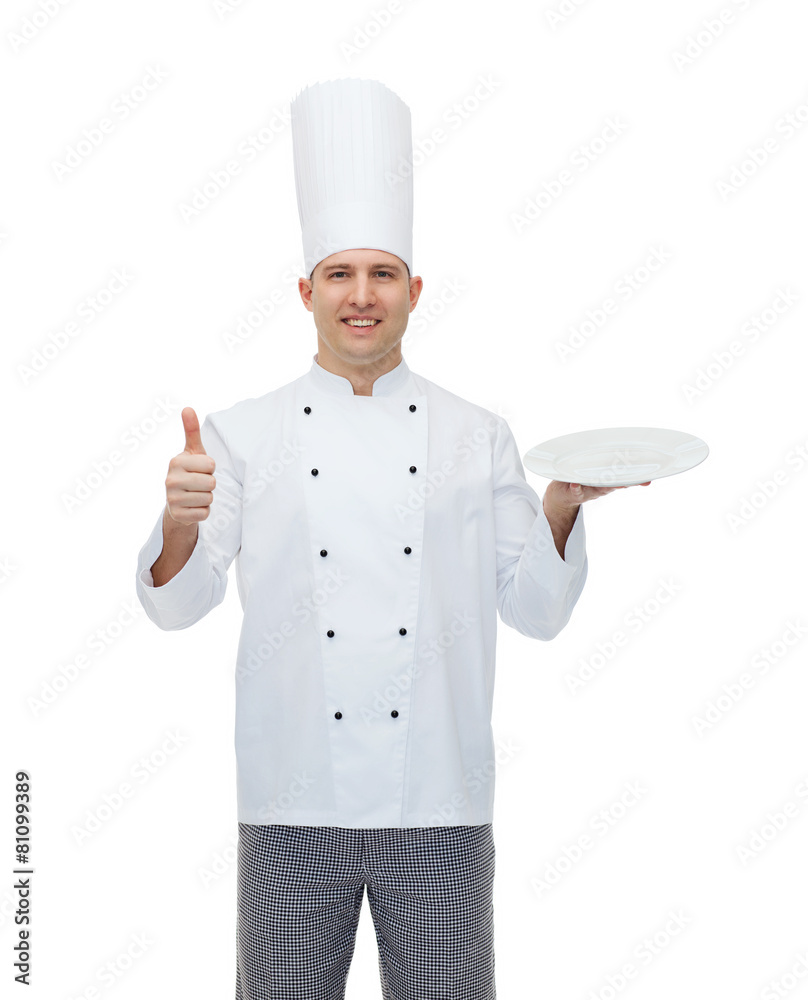 happy male chef cook showing thumbs up and plate happy male chef cook showing thumbs up and plate