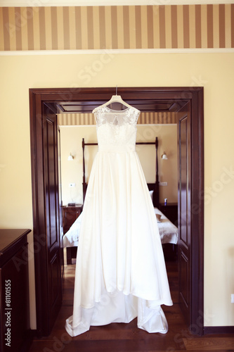 Beautiful wedding dress hanging