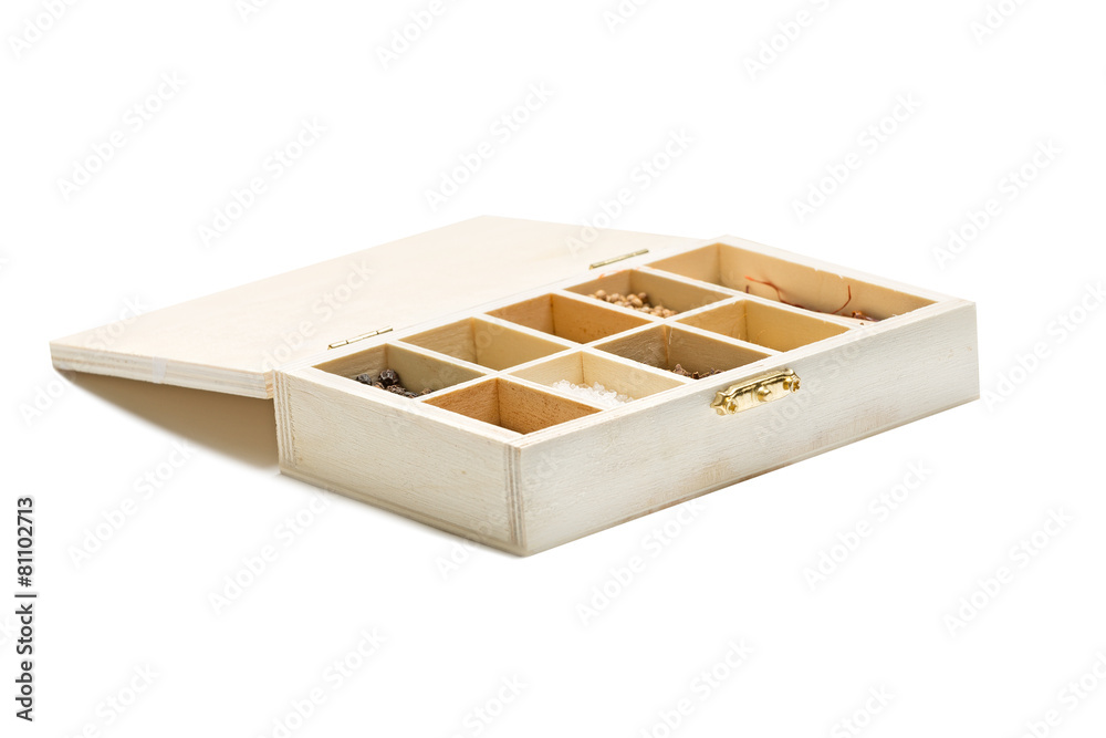 wooden box with spices different wooden box with spices different