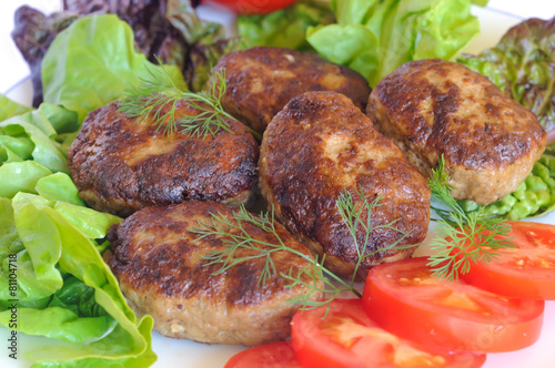 Cutlets with tomatoes and salad and dill on a white plate