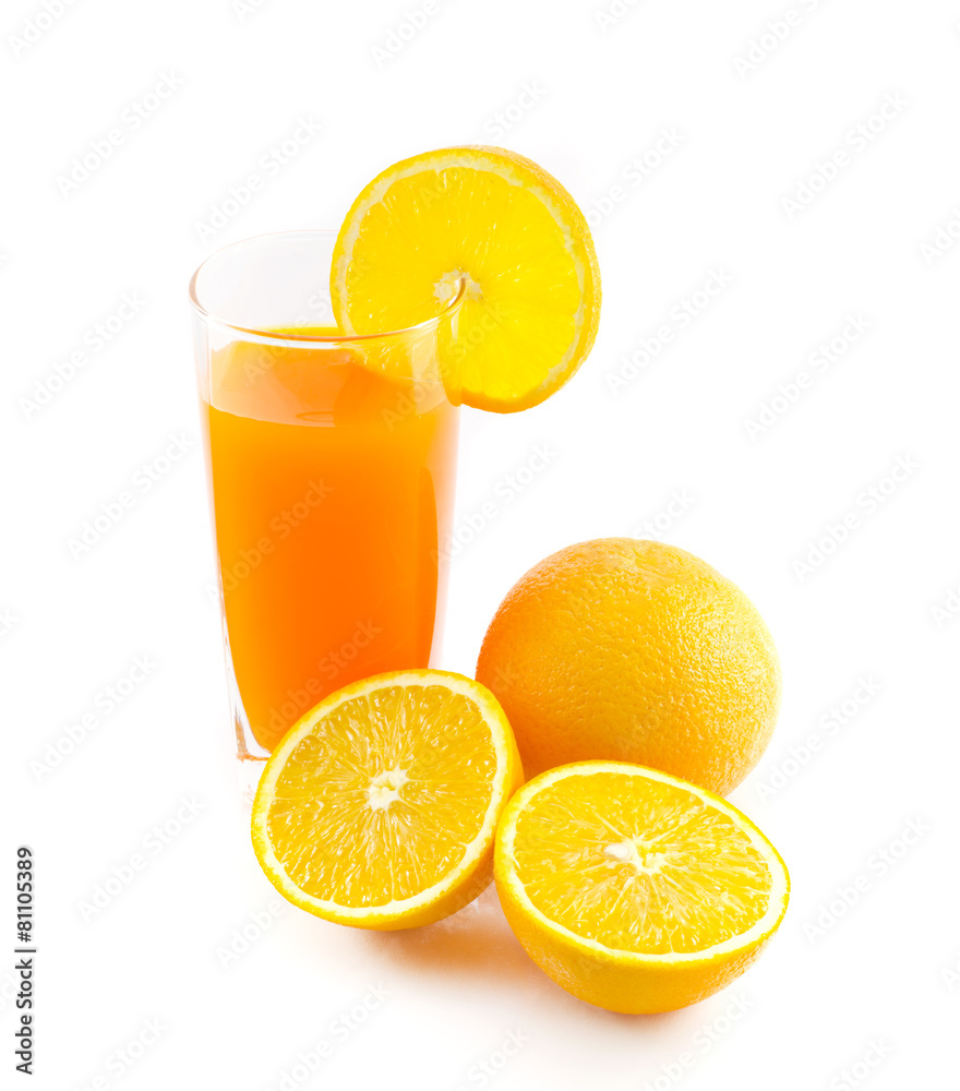 Orange juice and slice isolated on white Orange juice and slice isolated on white