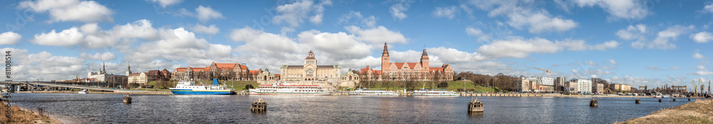 Panoramic view of Szczecin city waterfront by the Odra River, Poland. - obrazy, fototapety, plakaty 