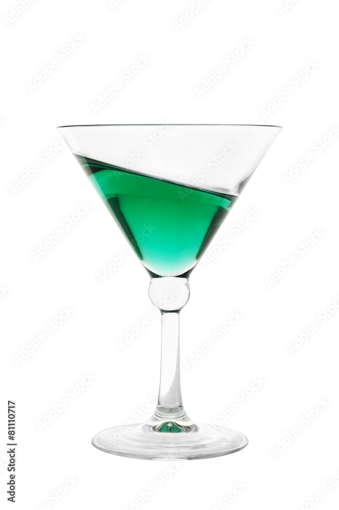 Cocktail glass filled with green inclined drink