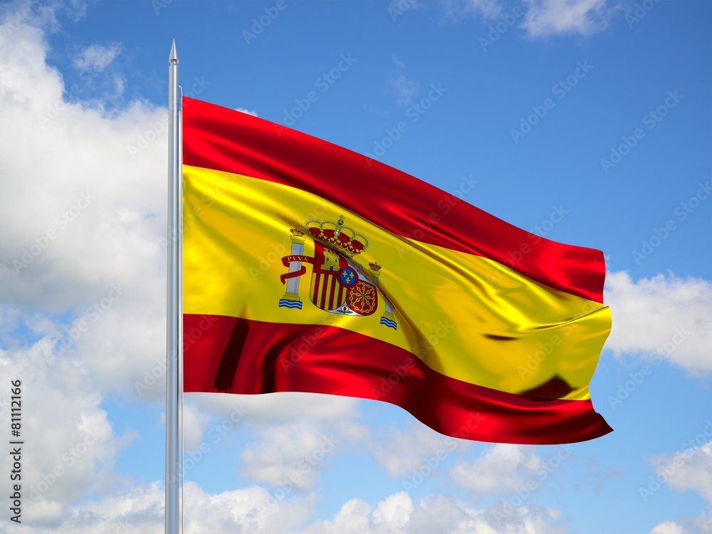 SPAIN 3d flag floating in the wind in blue sky SPAIN 3d flag floating in the wind in blue sky